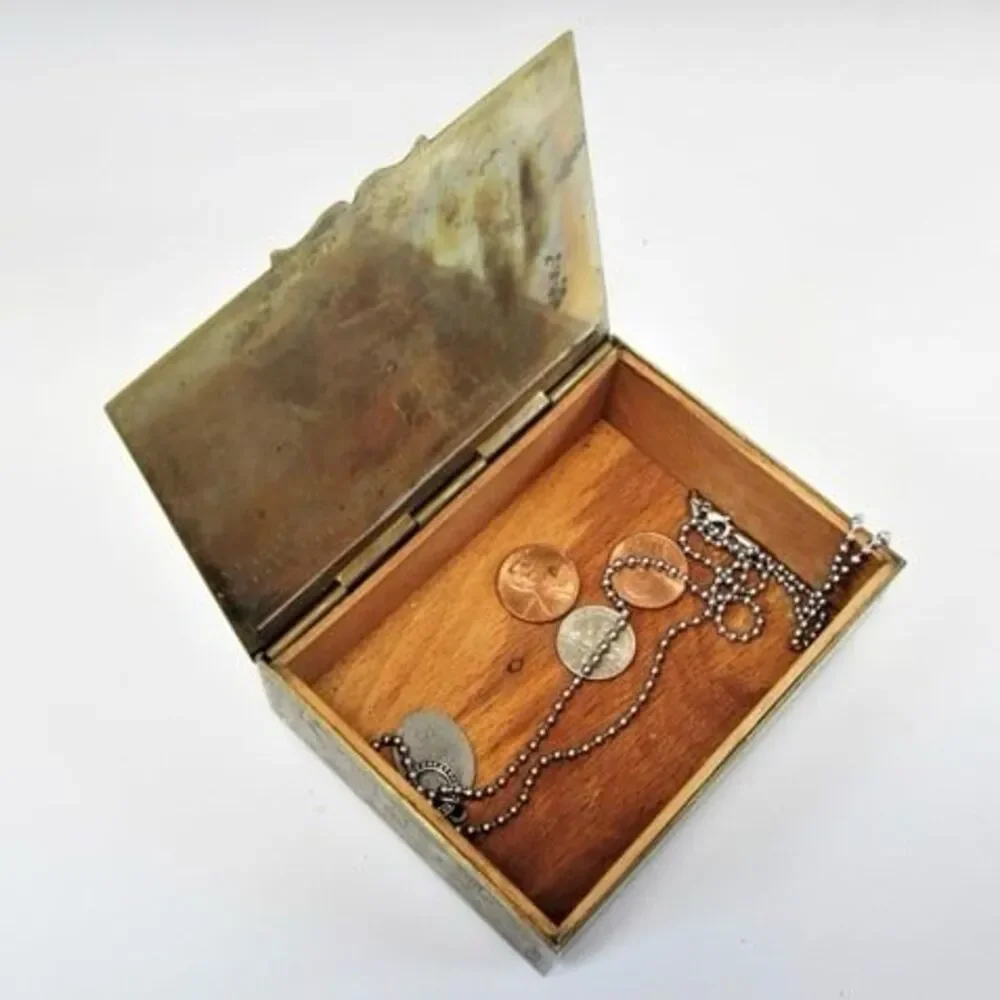 Antique Rich Colorful Hand Painted Ceramic Tile & Brass Wood Lined Trinket Box